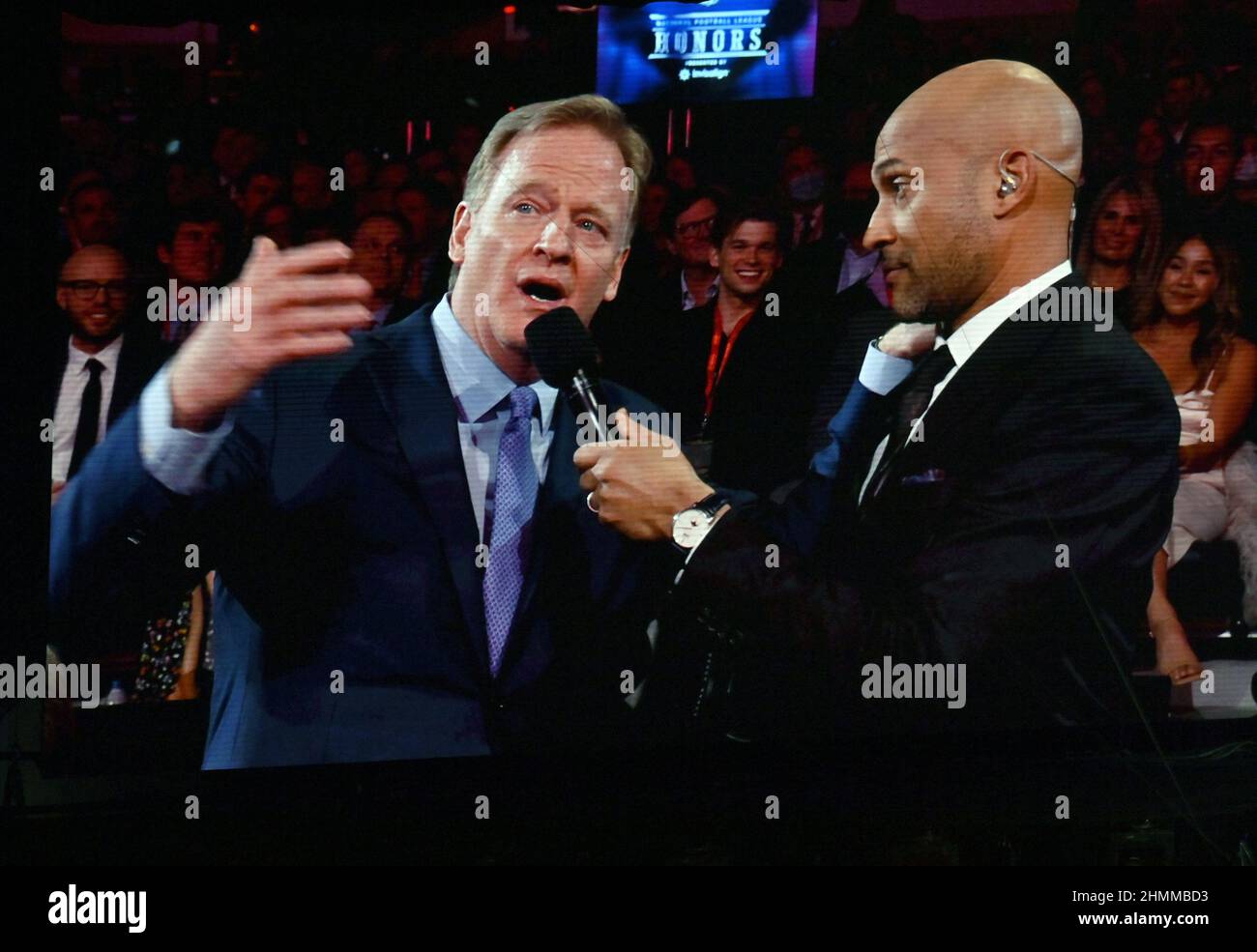 Inglewood, United States. 11th Feb, 2022. NFL commissioner Roger Goodell sings 'I'm just here for.' after being prompted by host Keegan-Michael Key (R) during the NFL Honors, ABC live telecast held at the YouTube Theater in Inglewood California on Thursday, February 10, 2022. Photo by Jim Ruymen/UPI Credit: UPI/Alamy Live News Stock Photo