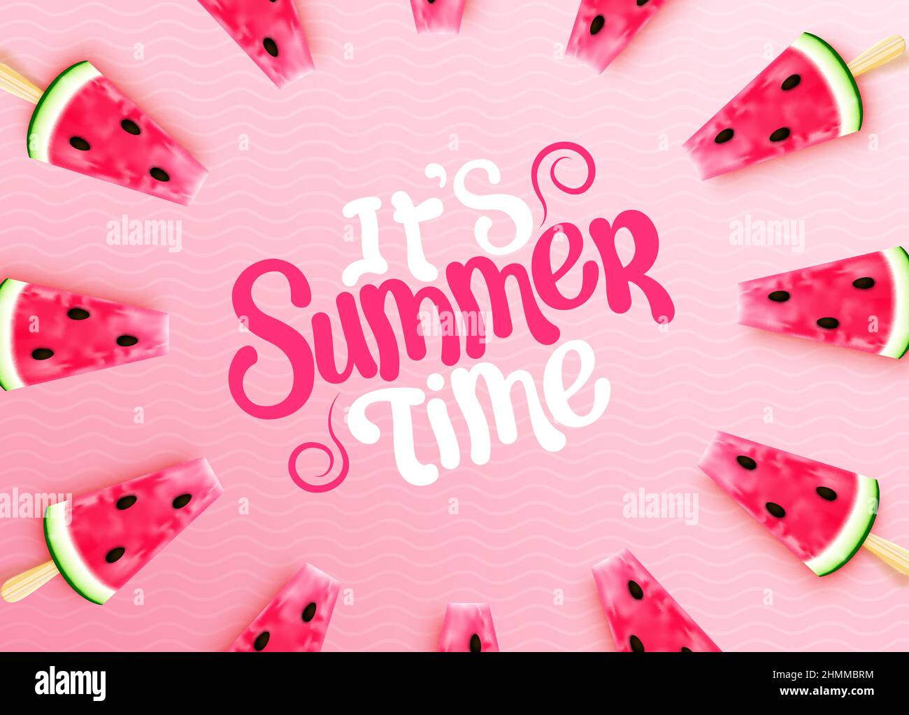 Summer fruit vector background design. It's summer time text with 3d realistic watermelon slice in stick element for tropical season fresh fruit. Stock Vector