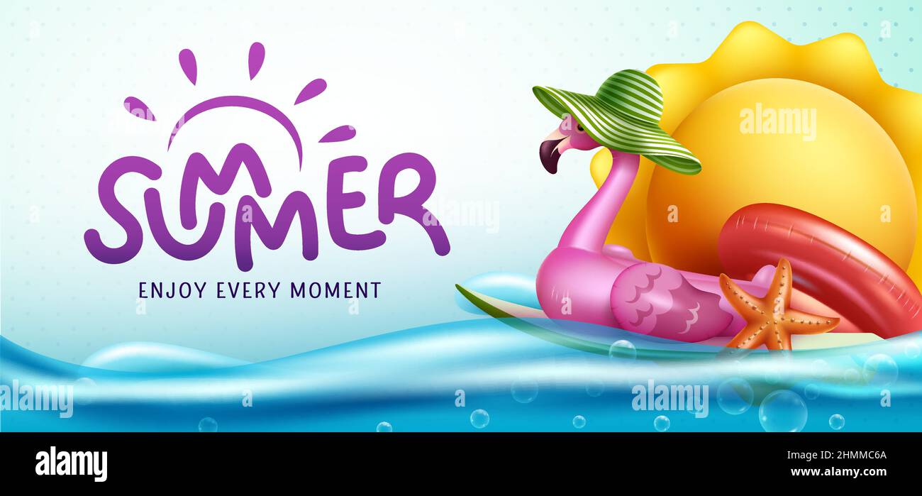 Summer season vector design. Summer typography text in blue sea background with flamingo and sun floater elements for fun and enjoy water swimming. Stock Vector