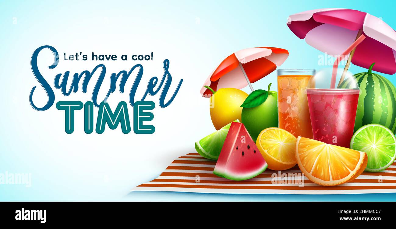 Summer time vector design. Summer time typography text with fruits and