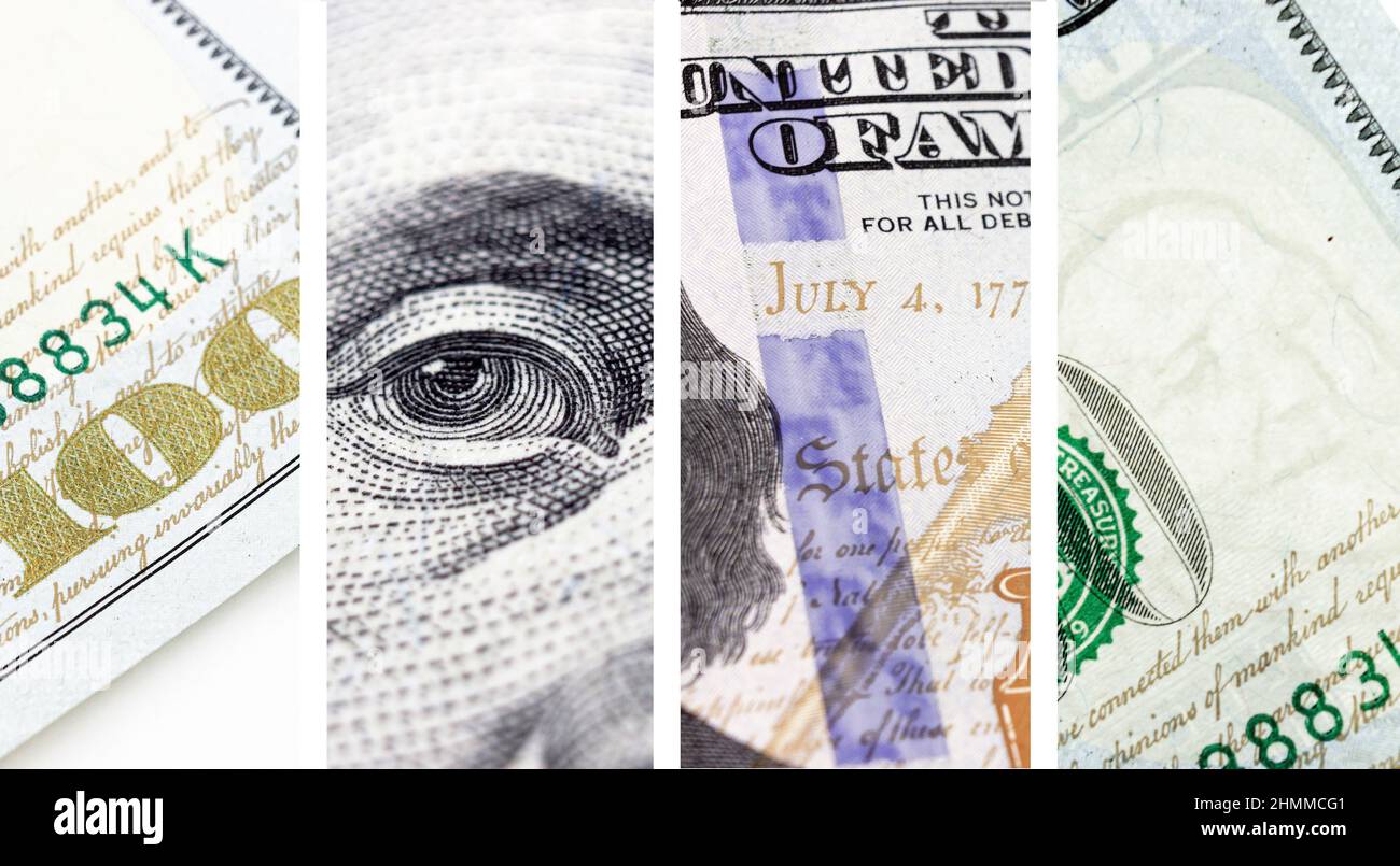 Fragments of United states hundred dollars money bill. Dolar USA close up. Economy, savings and the US dollar Stock Photo