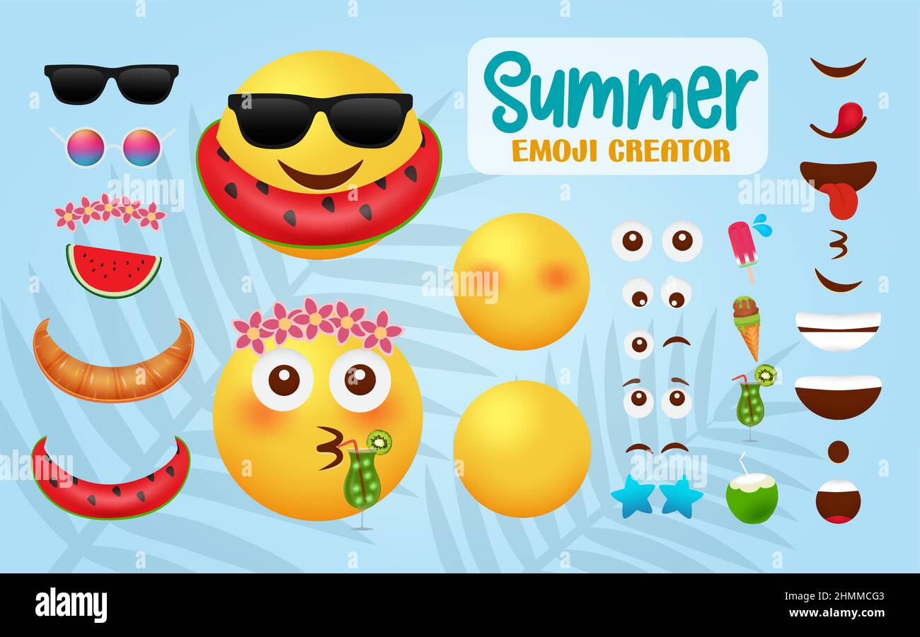 Emoji summer creator vector design. Emoticon emojis kit with editable eyes, mouth and summer objects element for tropical emoticons face character. Stock Vector