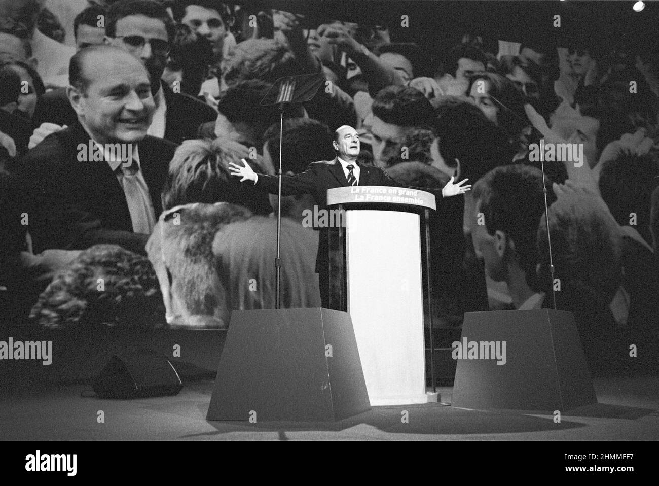 Lyon (central-eastern France), 2002/04/25: meeting of Jacques Chirac, candidate for the presidential election, in front of 7000 people. Huge picture in the background and speech from the rostrum 'La France en grand, la France ensemble' Stock Photo