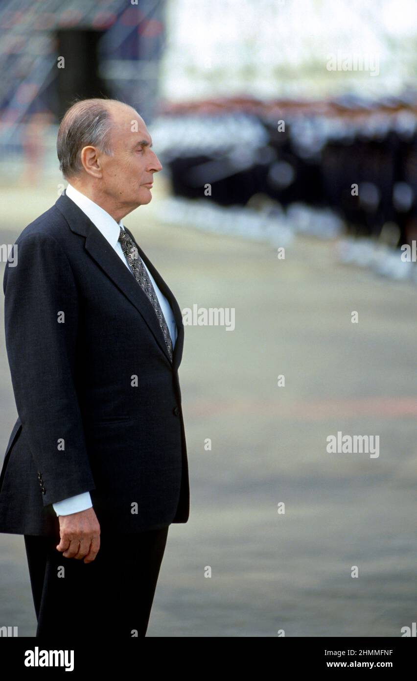 President of the French Republic Franois Mitterrand inaugurating the Charles de Gaulle aircraft carrier in Brest on May 7, 1994. Launching of the ship Stock Photo