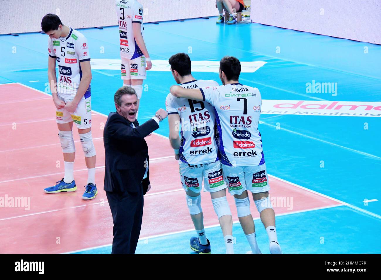 BLM Group Arena, Trento, Italy, February 10, 2022, Coach Angelo Lorenzetti Daniele Lavia Oreste Cavuto (Trentino Itas)  during  Itas Trentino vs Sir S Stock Photo