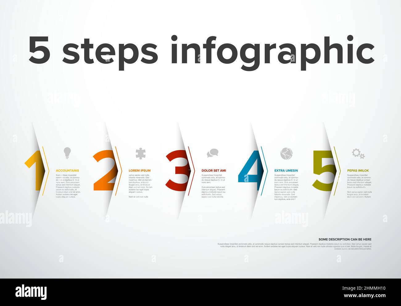 Vector light five steps progress template with big arrows and numbers ...