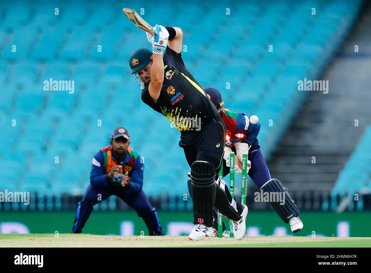 Sydney, Australia. 11th Feb, 2022. Aaron Finch Captain of Australia is bowled by Wanindu Hasaranga of Sri Lanka during the International T20 Match between Australia and Sri Lanka at Sydney Cricket Ground, Sydney, Australia on 11 February 2022. Photo by Peter Dovgan. Editorial use only, license required for commercial use. No use in betting, games or a single club/league/player publications. Credit: UK Sports Pics Ltd/Alamy Live News Credit: UK Sports Pics Ltd/Alamy Live News Stock Photo