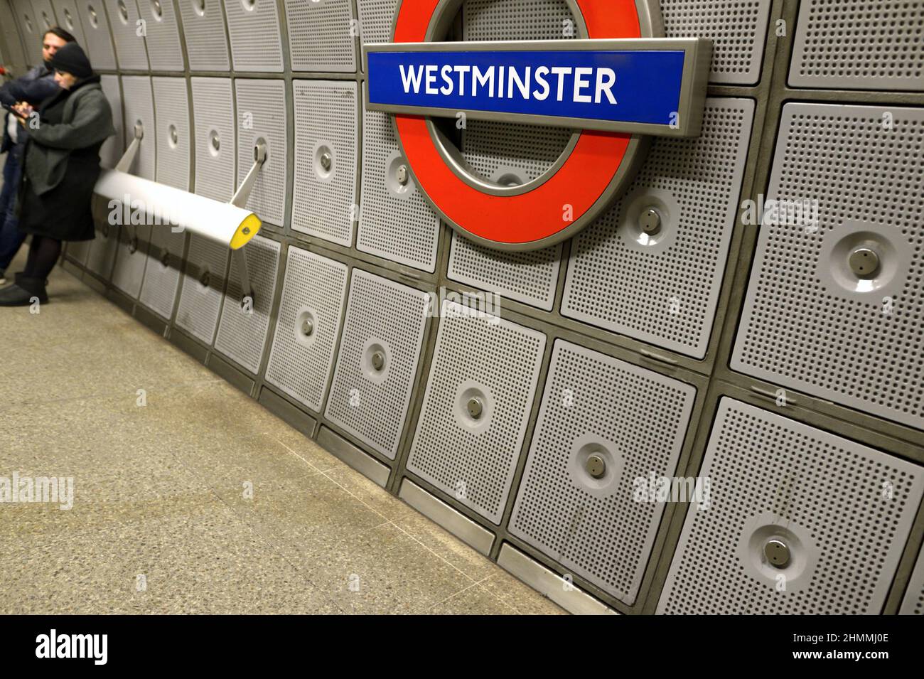 London, England, UK. London Underground: Westminster station platform Stock Photo