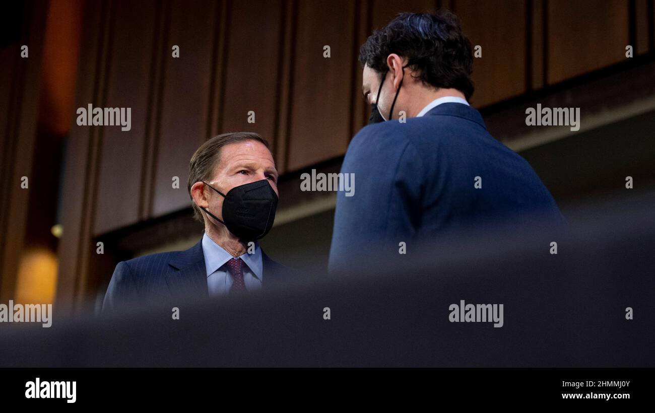 Sen. Richard Blumenthal, D-CT, and Sen. Jon Ossoff, D-GA, speak during a Senate Judiciary executive business meeting at the US Capitol in Washington, DC, USA on Thursday, February 10, 2022. Photo by Bonnie Cash/CNP/ABACAPRESS.COM Stock Photo