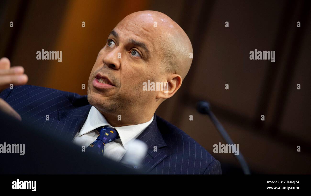 Sen. Cory Booker, D-NJ, speaks during a Senate Judiciary executive business meeting at the US Capitol in Washington, DC, USA on Thursday, February 10, 2022. Photo by Bonnie Cash/CNP/ABACAPRESS.COM Stock Photo
