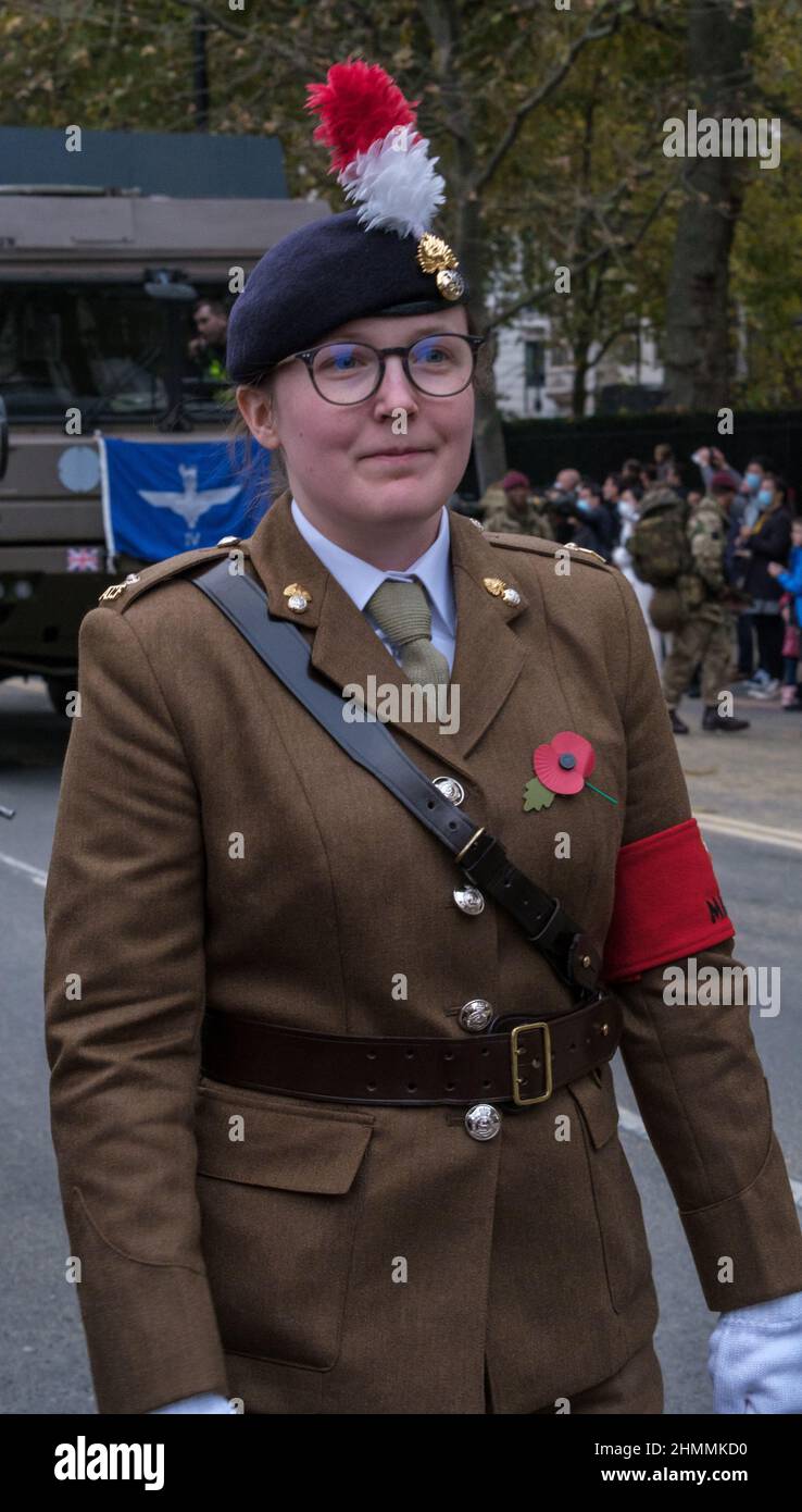 Close up of woman dressed in Royal Regiment of Fusiliers uniform at Lord Mayor’s Show 2021, Victoria Embankment, London. Stock Photo