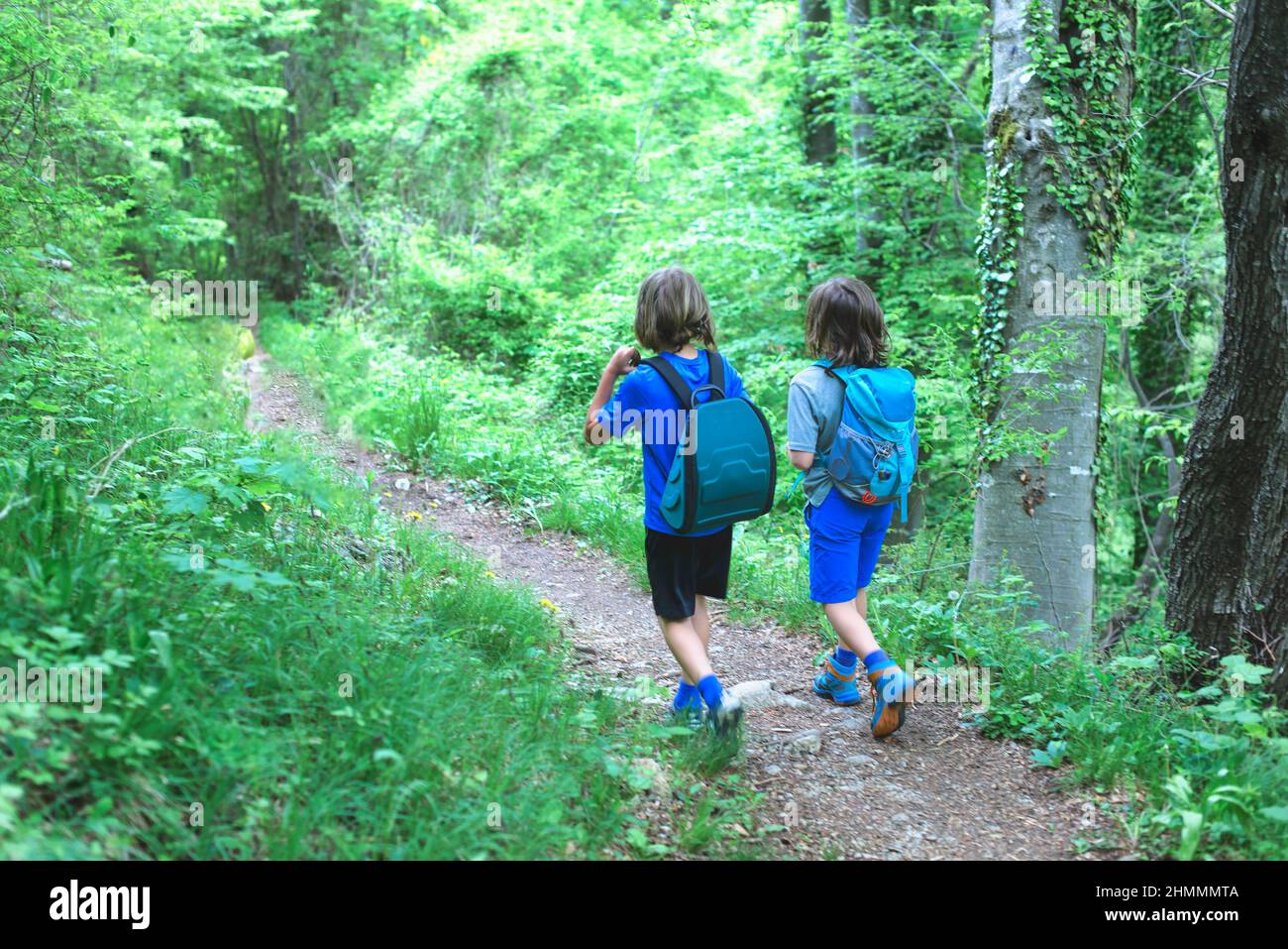 Two children are walking on a mountain path Stock Photo - Alamy
