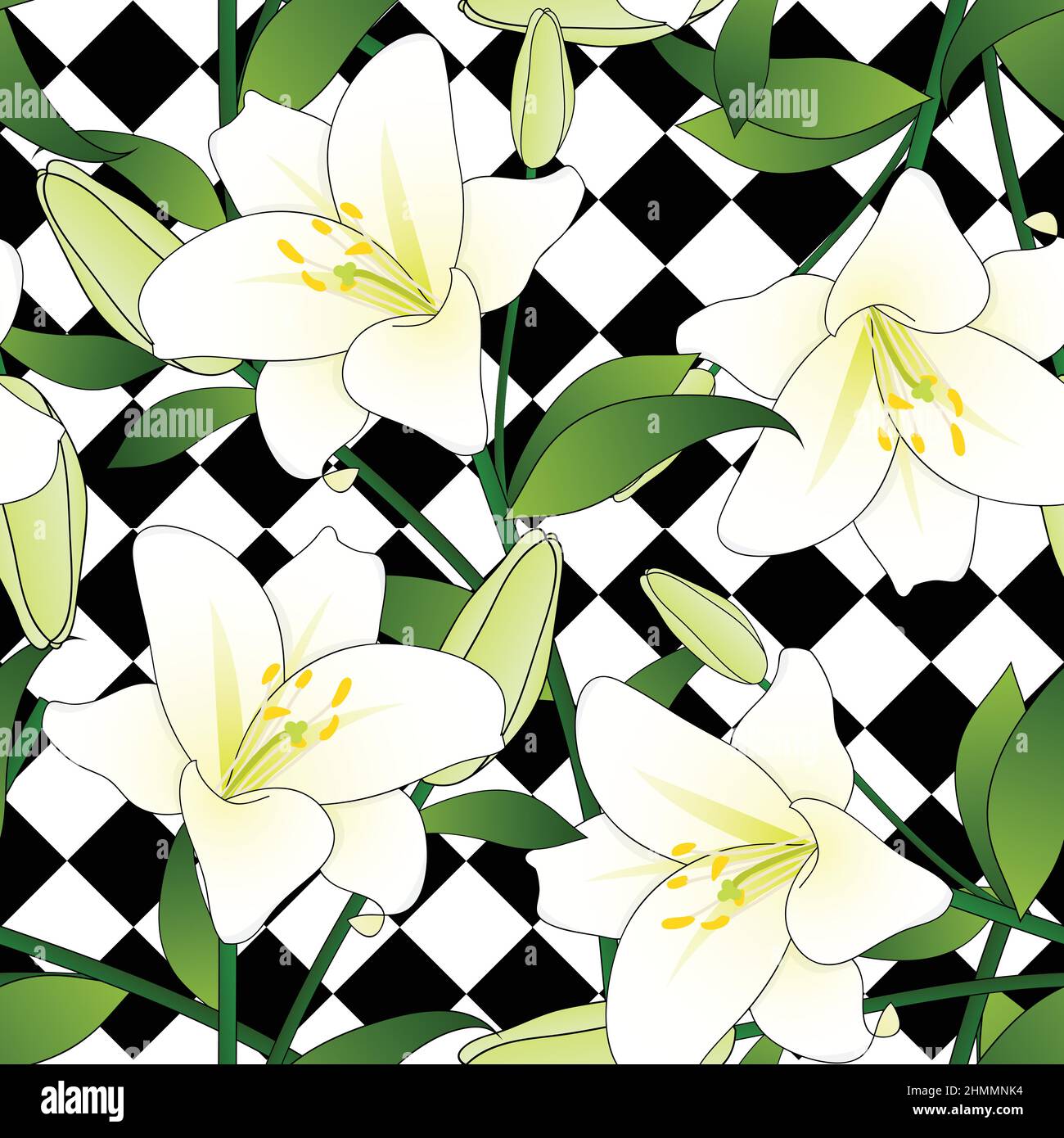 White Lily on Black White Diamond Background. Vector Illustration Stock Vector