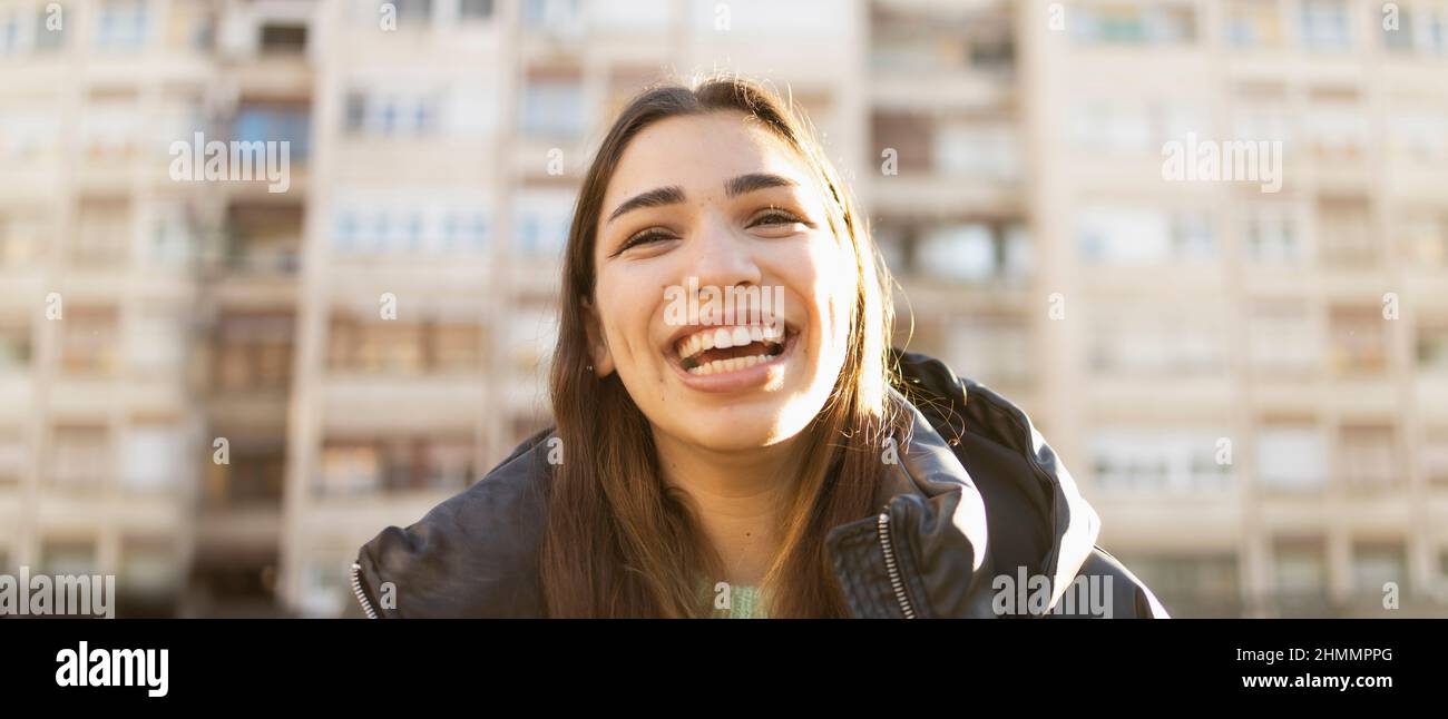 Expressing satisfaction during a sunny spring day Stock Photo