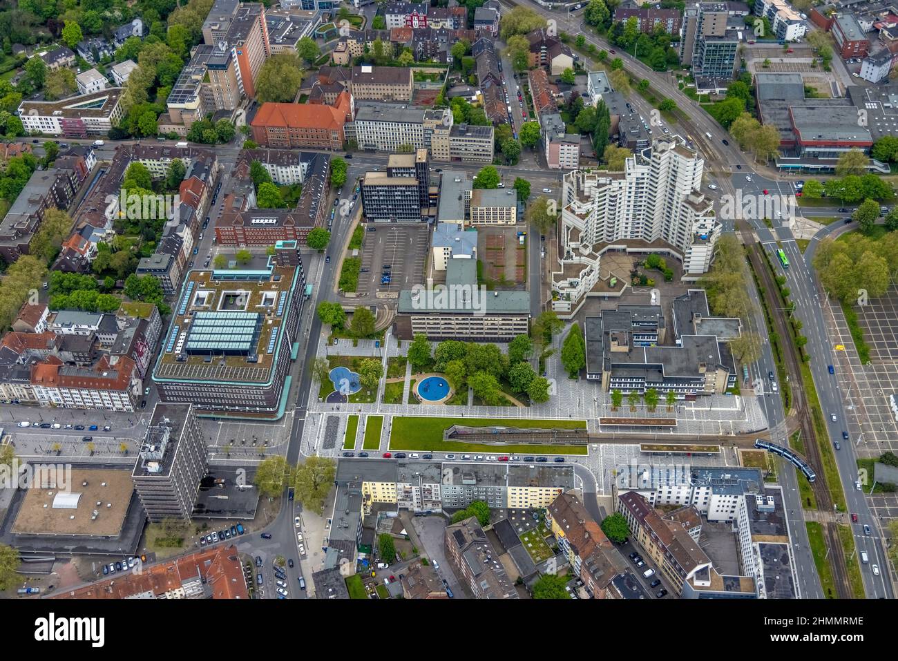 Aerial view, underground tram, Fritz-Rahkob-Platz, old town, town hall, Hans-Sachs-Haus, Gelsenkirchen, Ruhr area, North Rhine-Westphalia, Germany, ed Stock Photo