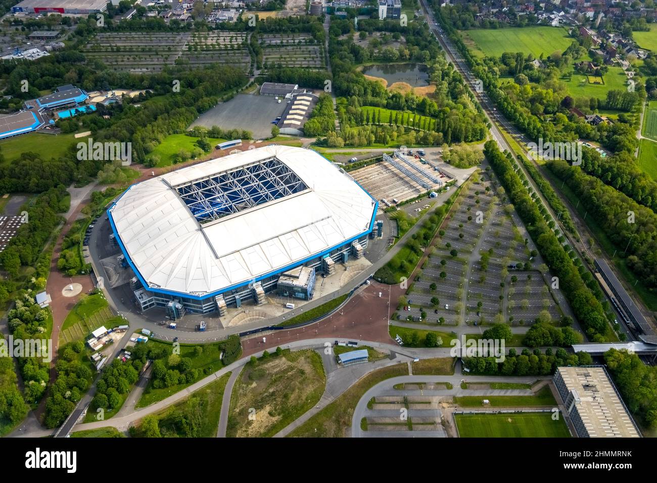 Aerial photo, Schalke Veltins-Arena, Rudi-Assauer-Platz, turf pull-out area, Erle, Gelsenkirchen, Ruhr area, North Rhine-Westphalia, Germany, Arena, B Stock Photo