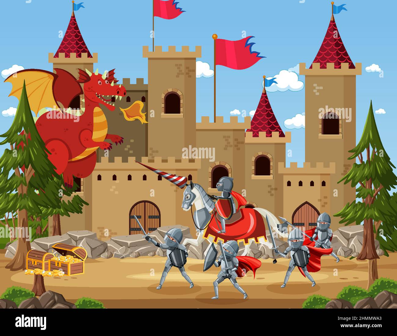 Medieval scene with knights fighting with ancient dragon illustration ...
