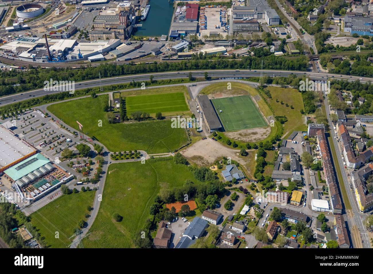 Aerial view, Kampfbahn Glückauf Stadion, former home ground of FC Schalke 04,Schalke, Gelsenkirchen, Ruhr area, North Rhine-Westphalia, Germany, DE, E Stock Photo