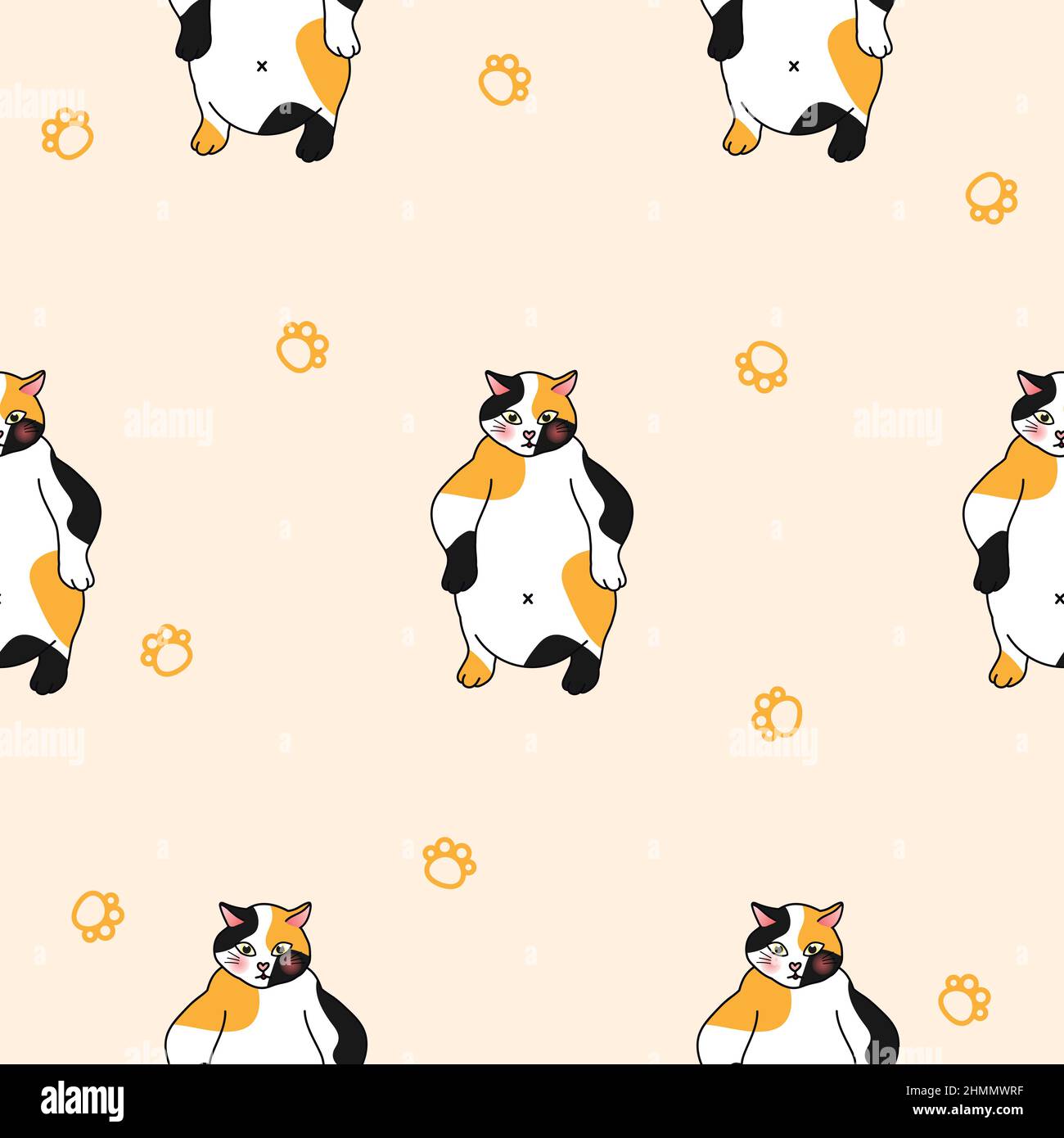 Calico Cat Seamless on Ivory Background Vector Illustration Stock