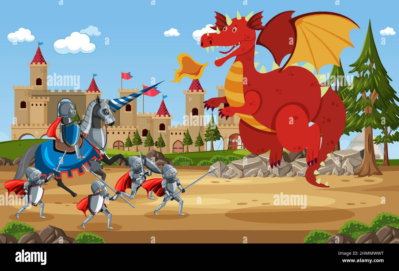 Medieval warriors fighting with ancient dragon illustration Stock ...