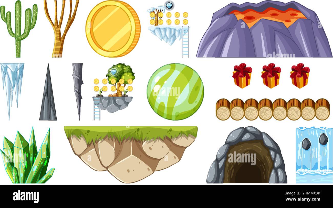 Set of isolated fantasy space game objects and elements illustration ...