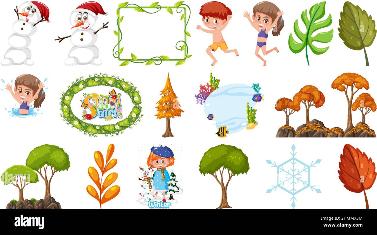 Set of four seasons trees and nature objects illustration Stock Vector ...