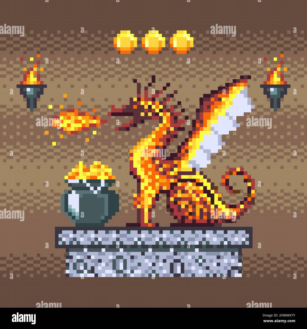 Fire Breathing Dragon Guards Treasures in Dungeon Stock Vector