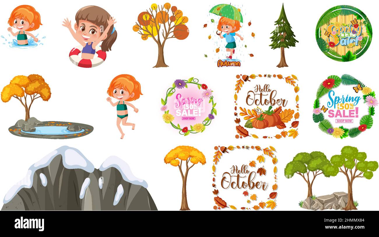 Set of four seasons trees and nature objects illustration Stock Vector ...