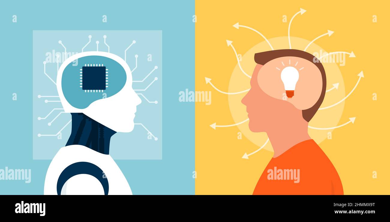 Machine vs human: difference between a robot and a man Stock Vector