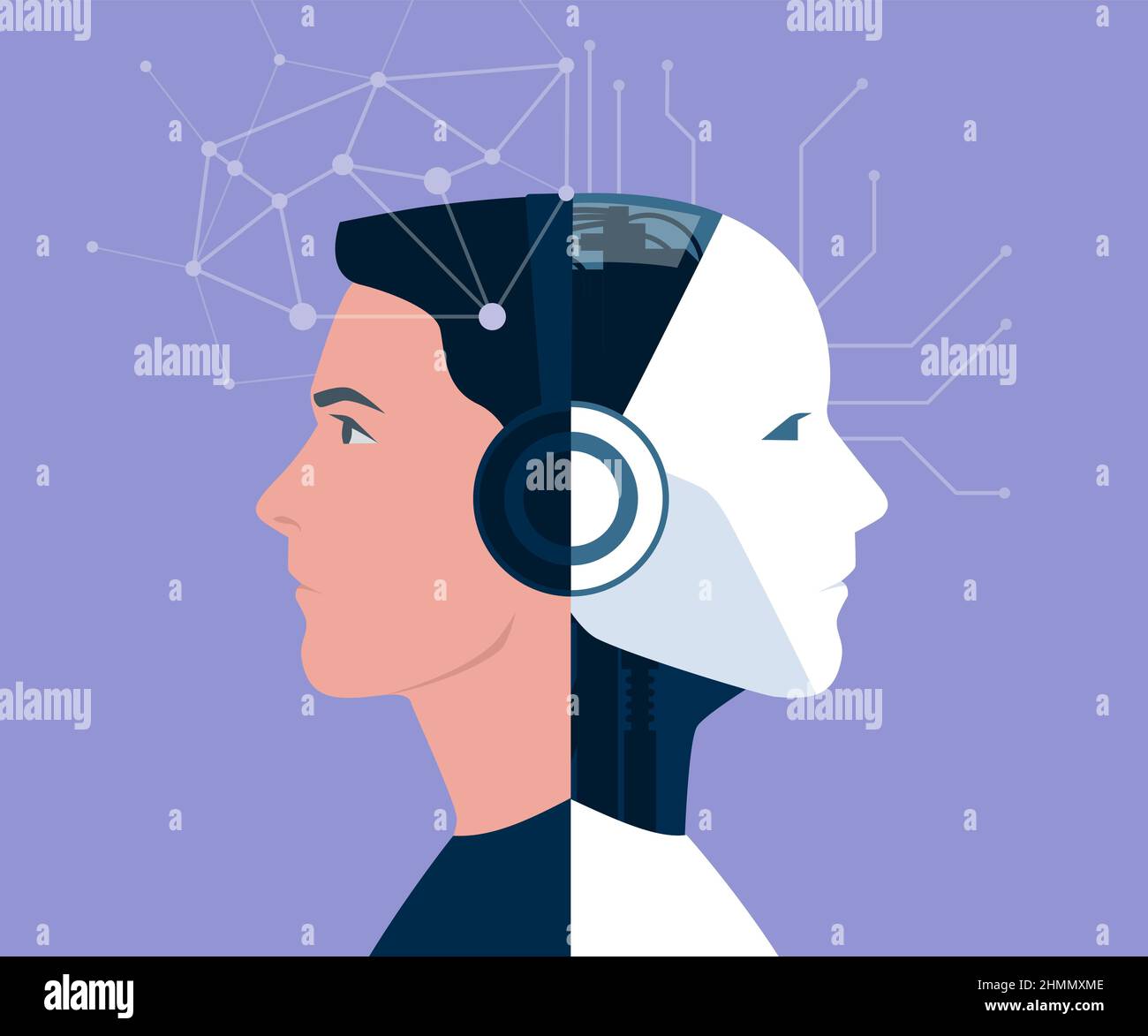 Human being and AI robot merging together, future and technology innovation concept Stock Vector