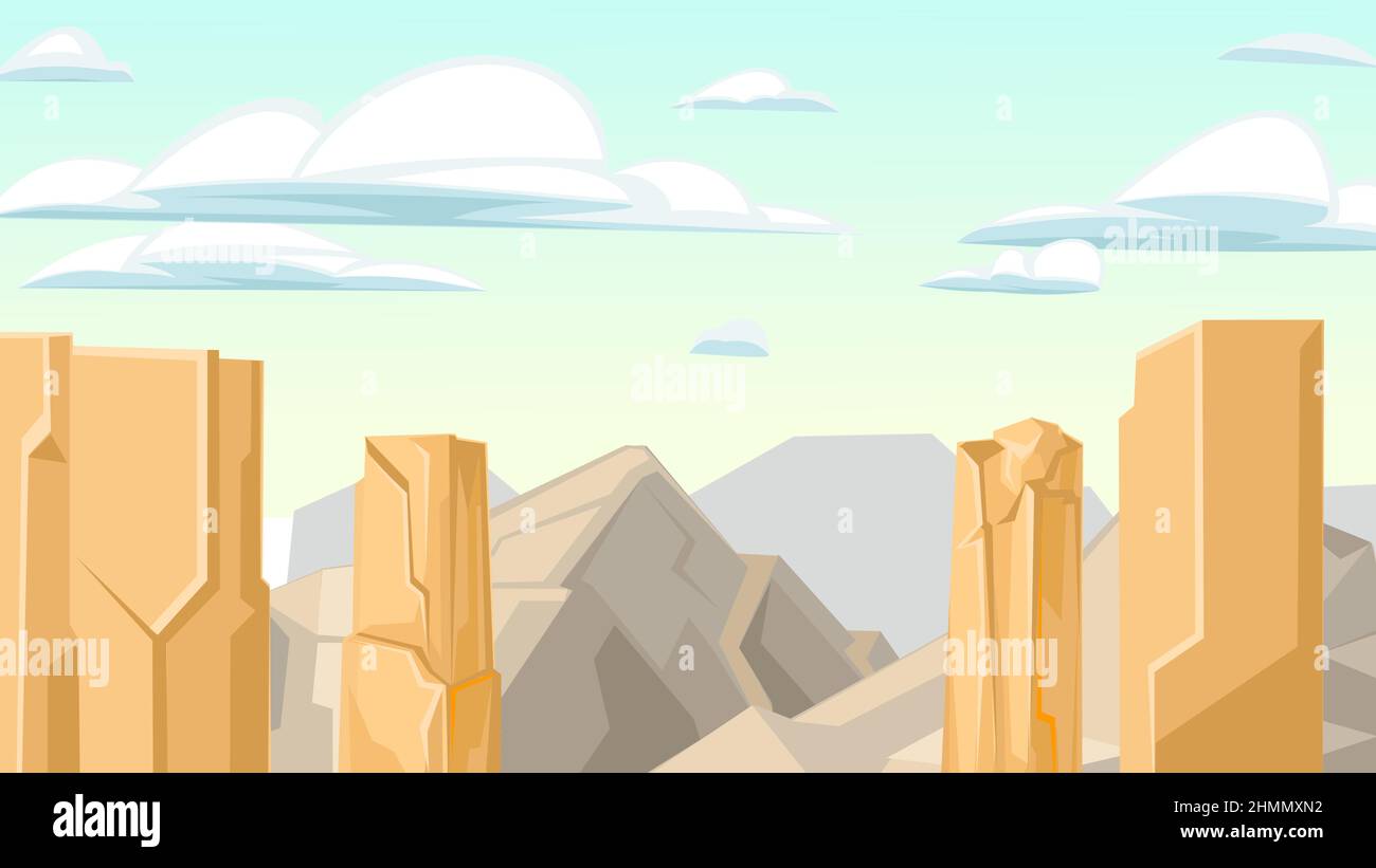 Rocky cliffs. Desert natural landscape with stones. Illustration in cartoon style flat design. Rough rock in the form of pyramids. Vector. Stock Vector