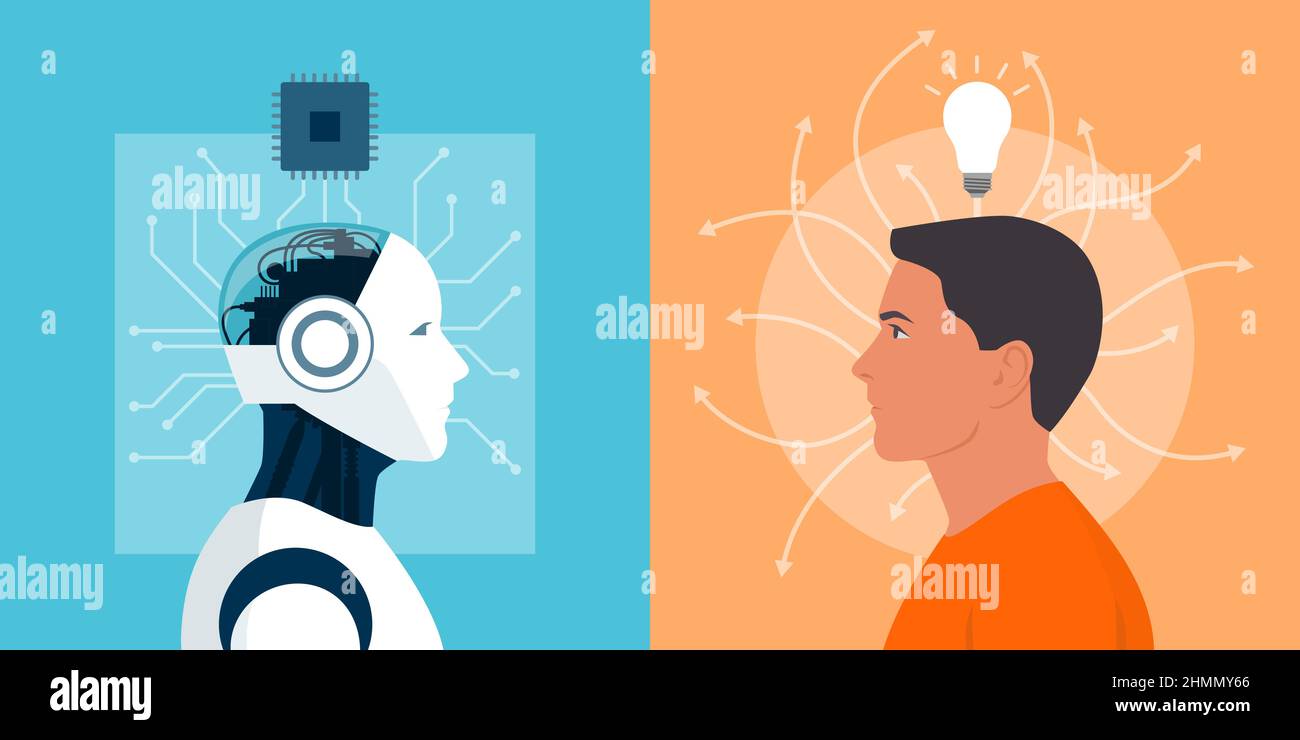 Machine vs human: difference between a robot and a man Stock Vector