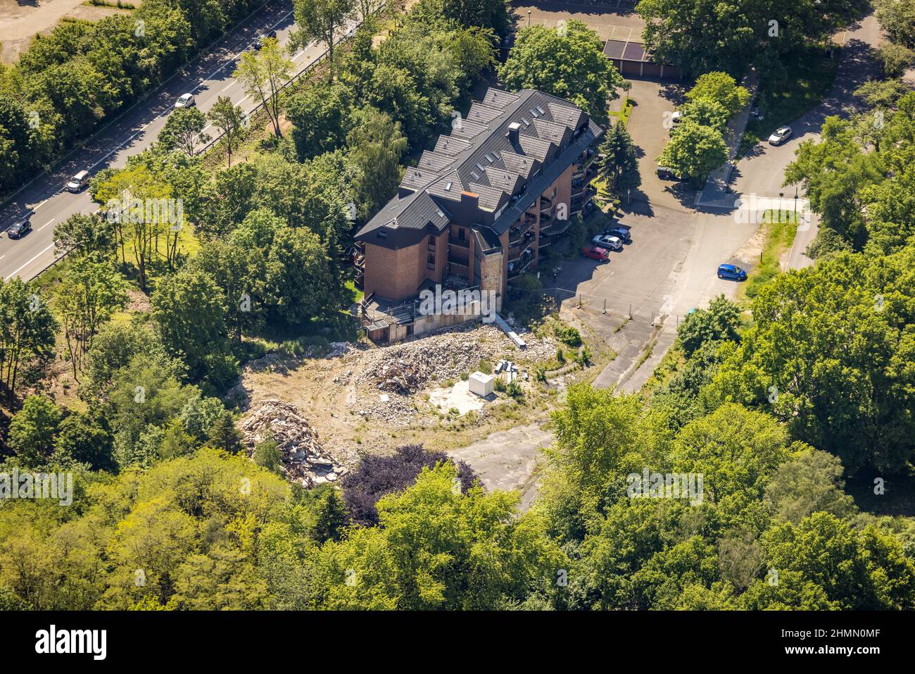 Aerial photograph, demolition work ruin Hotel Seestern, Hullerner Straße, Haltern-Stadt, Haltern am See, Ruhrgebiet, Nordrhein-Westfalen, Germany, dem Stock Photo