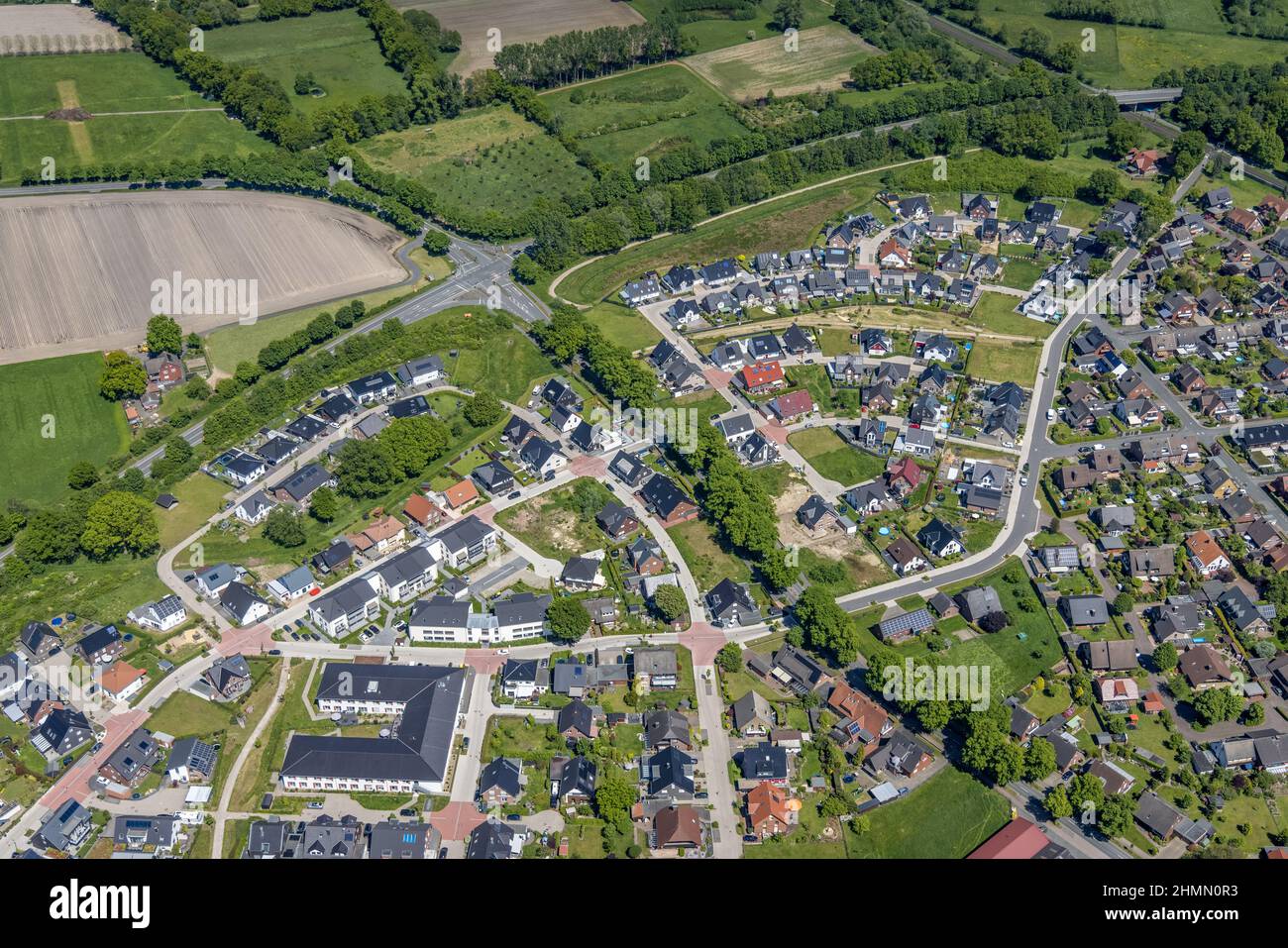 Aerial view, residential area Maximilian-Kolbe-Straße, Alloheim Senioren-Residenz Sythen am See, in Sythen, Haltern am See, Ruhrgebiet, Nordrhein-West Stock Photo