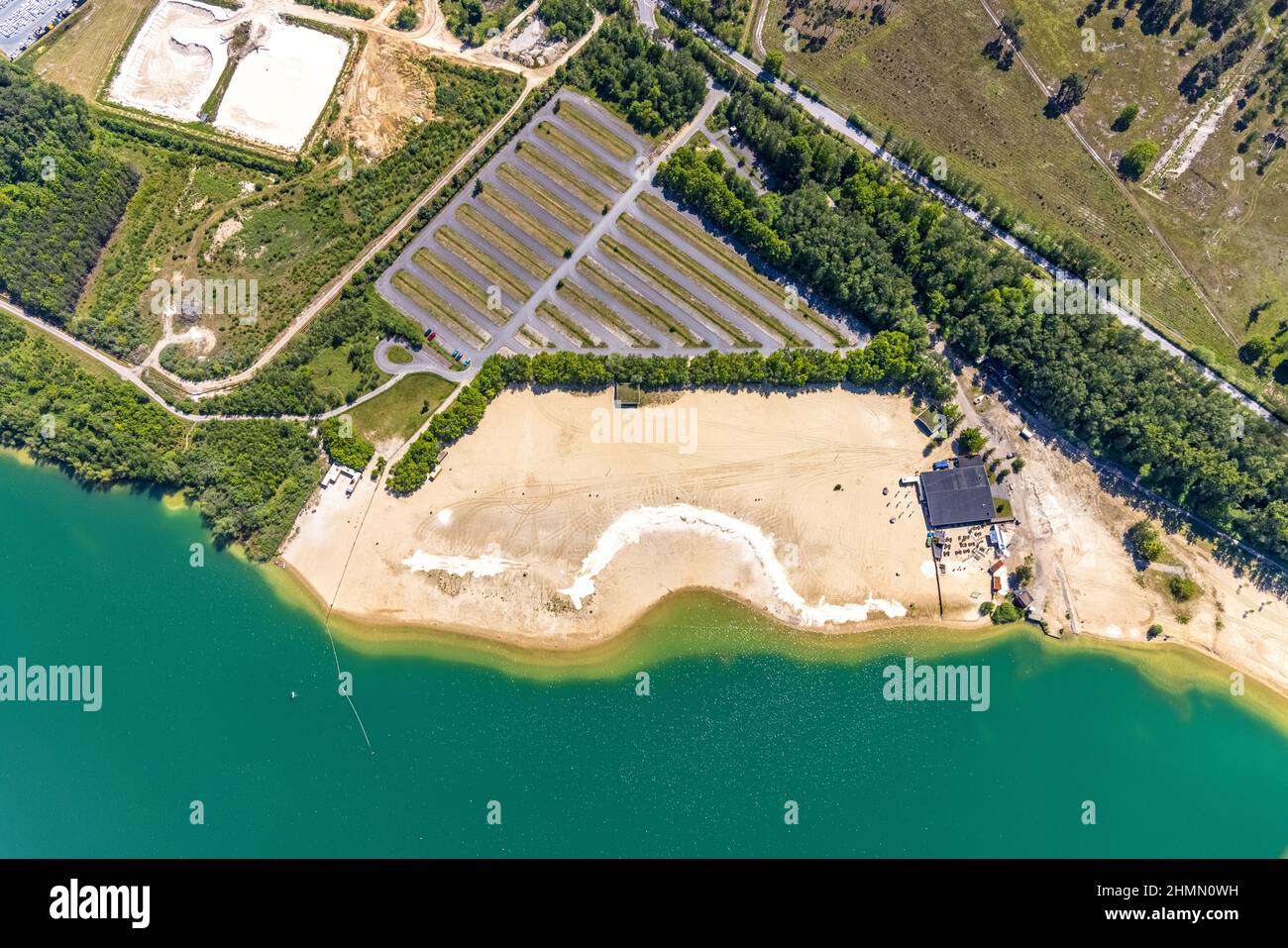 Aerial view, Silbersee II with sandy beach and lido, Lehmbraken