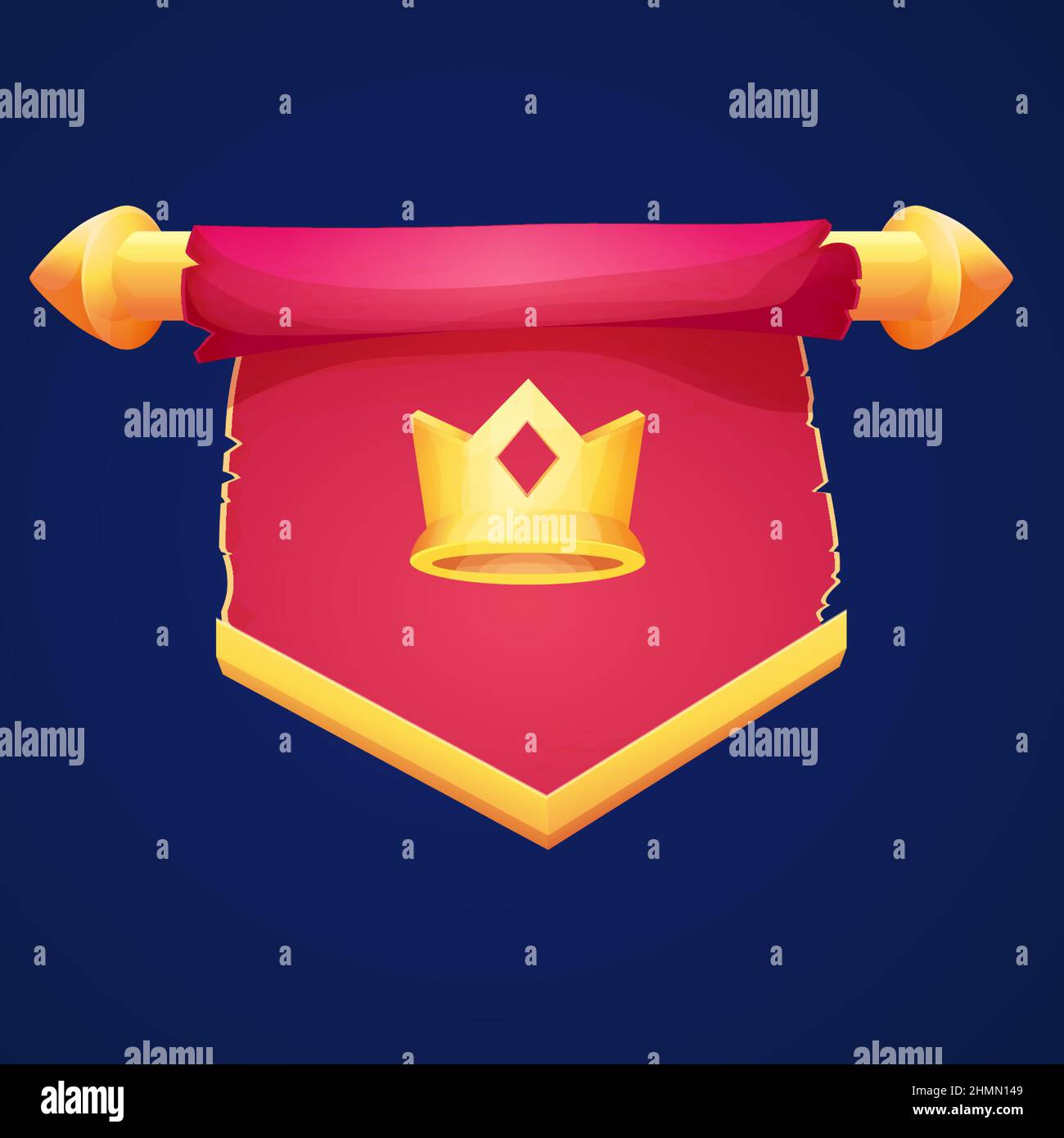 Red hanging medieval banner flag with cloth texture and golden decoration and crown in cartoon style isolated on background. Ui game asset, heraldic design element,. Vector illustration Stock Vector