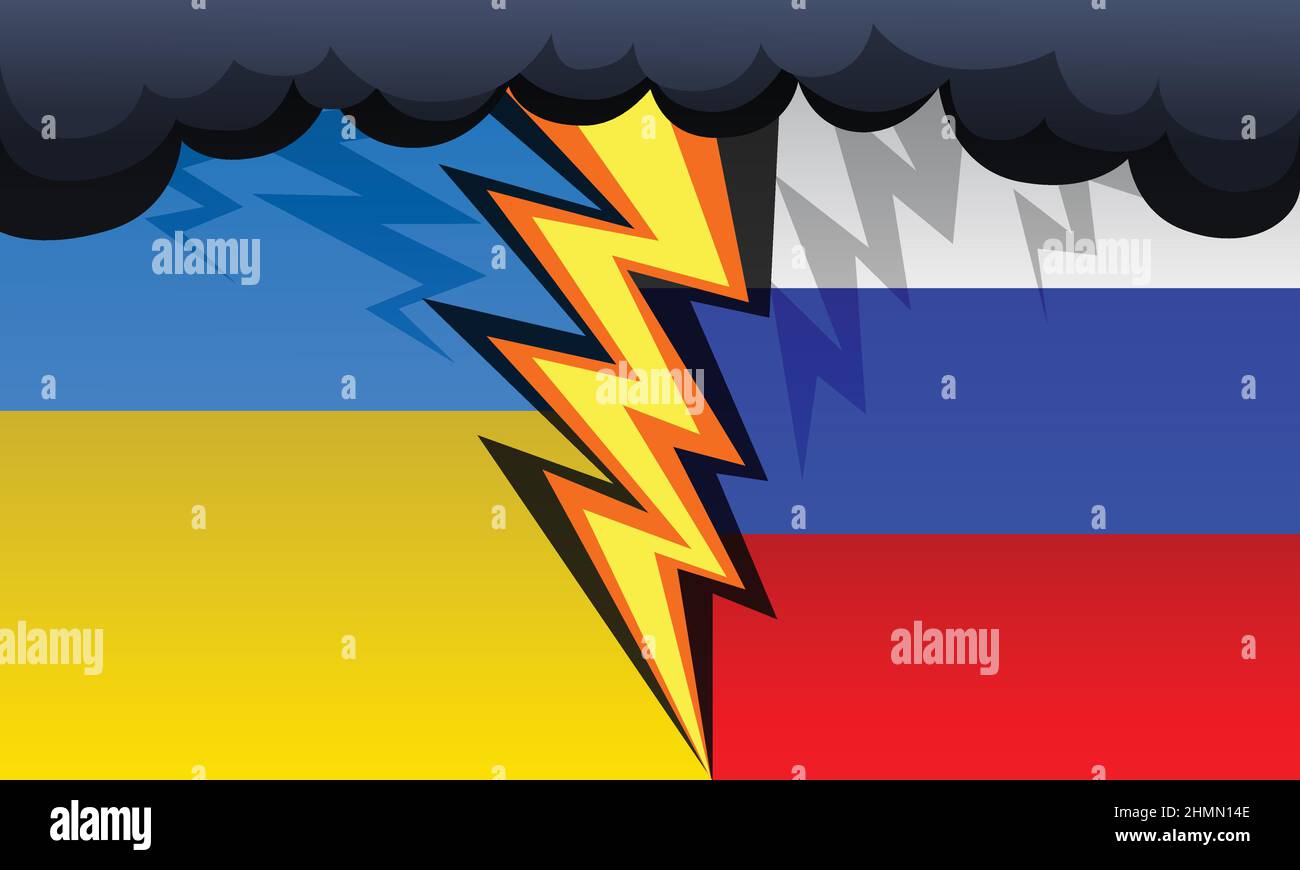 Cartoon looking colorful vector illustration theme with Russian and Ukrainian flags, dark clouds and thunder Stock Vector