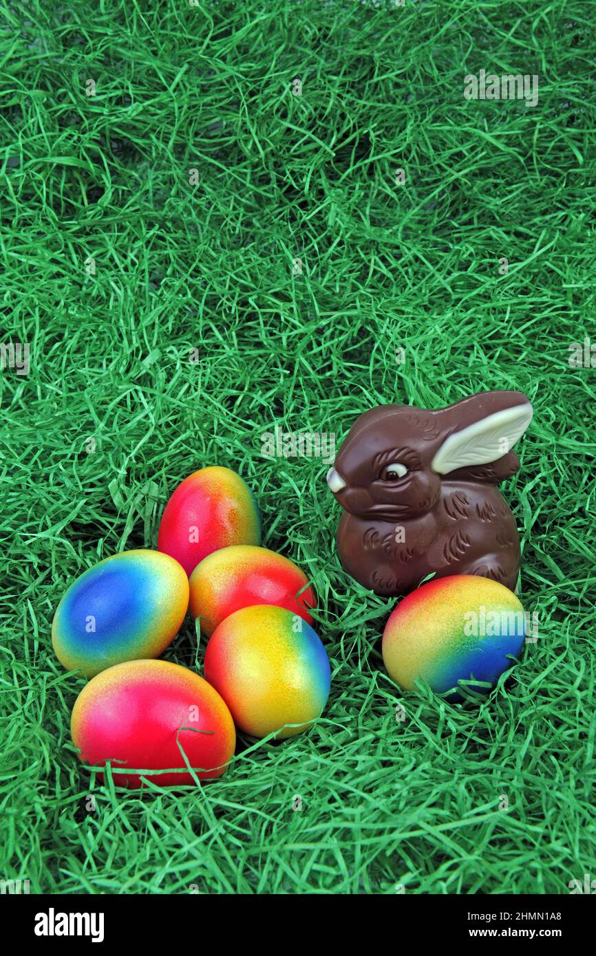 chocolate Easter bunny with brightly colored Easter eggs on grass Stock Photo