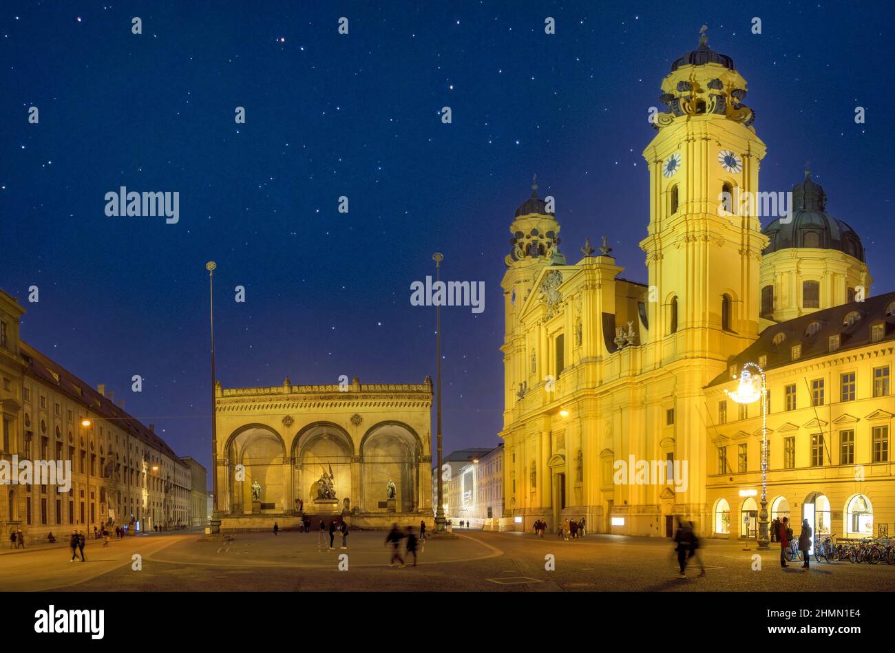 Feldherrnhalle (Field Marshals' Hall) with Theatine Church at Odeon Square at night (composing), Germany, Bavaria, Muenchen Stock Photo