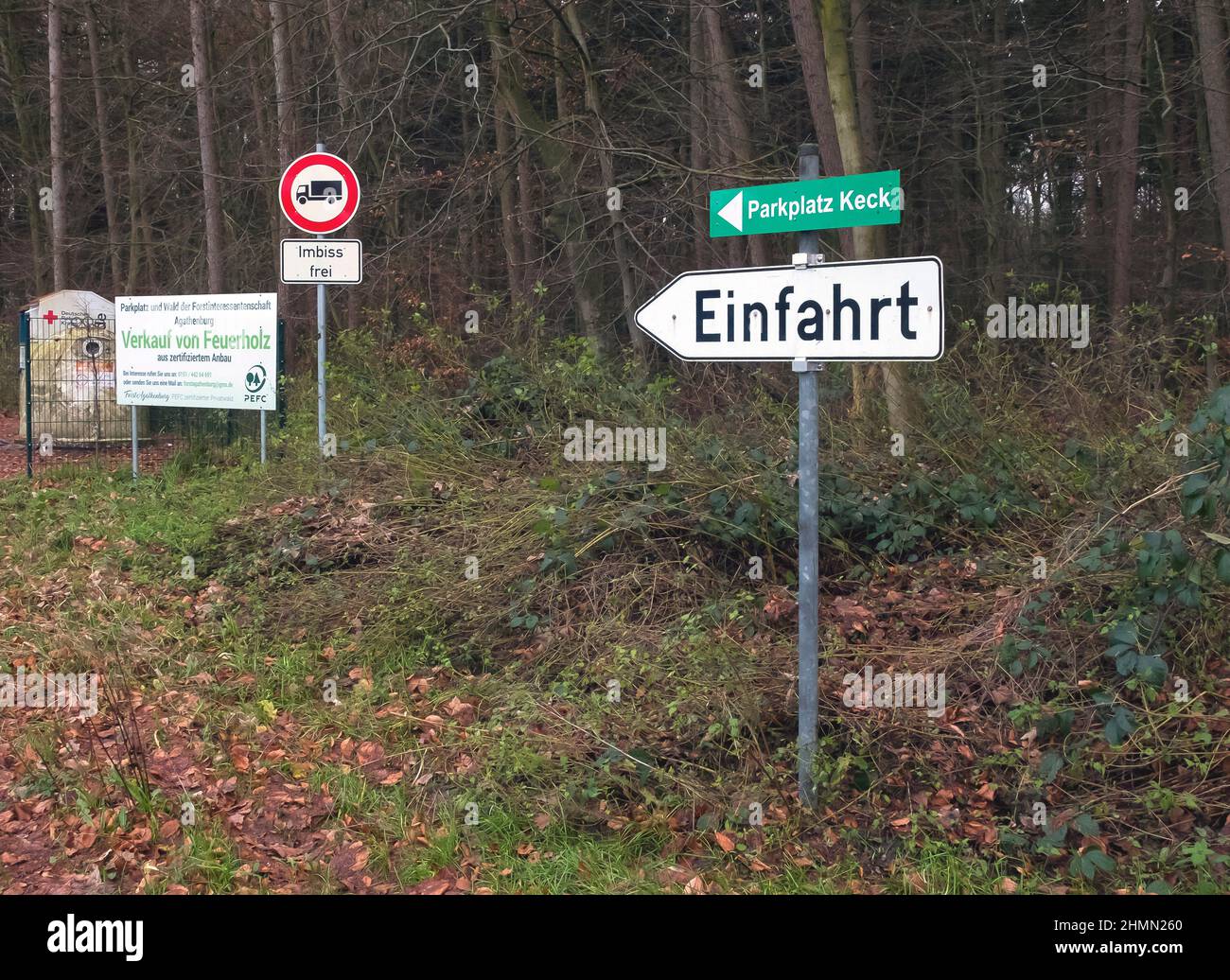 signs at the Agathenburg Forest, Germany, Lower Saxony Stock Photo