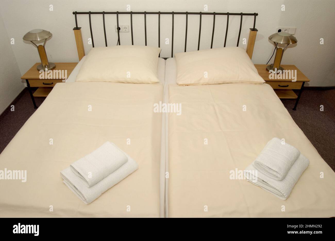 unused fresh double bed in a hotel room, Germany Stock Photo Alamy