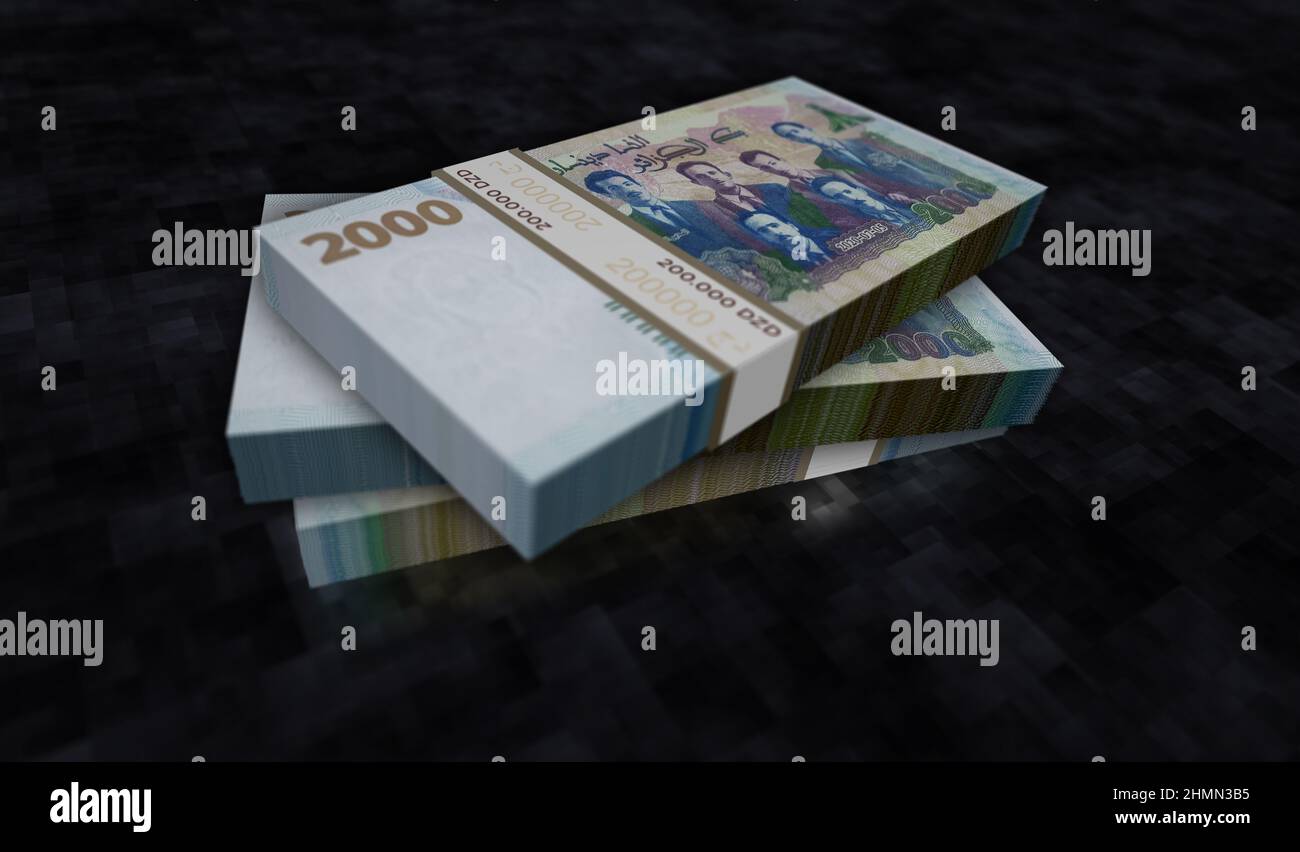 Algeria Dinar money pack 3d illustration. DZD banknote bundle stacks. Concept of finance, cash, economy crisis, business success, recession, bank, tax Stock Photo