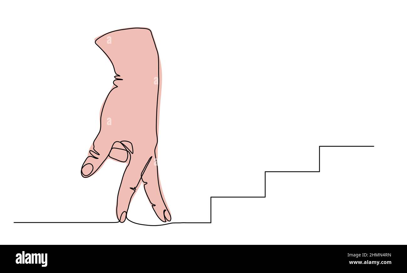 Fingers walking on stairs hand gesture. Consept of success, ambition, effort. One continuous line art drawing vector illustration of walking fingers Stock Vector