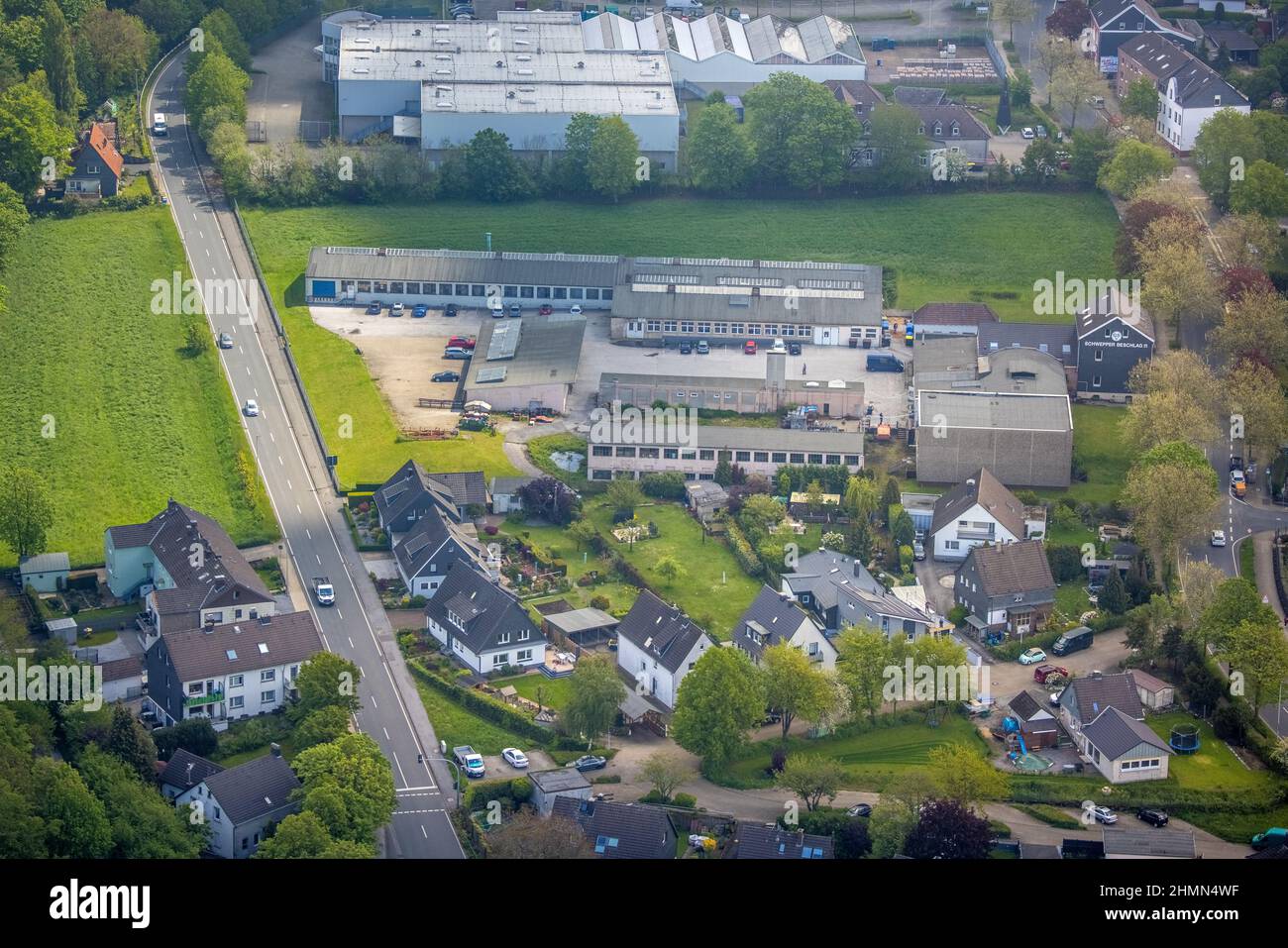 Aerial photograph, company premises Schwepper Beschlag GmbH, Hetterscheidt, Heiligenhaus, Ruhr area, North Rhine-Westphalia, Germany, DE, Europe, comm Stock Photo