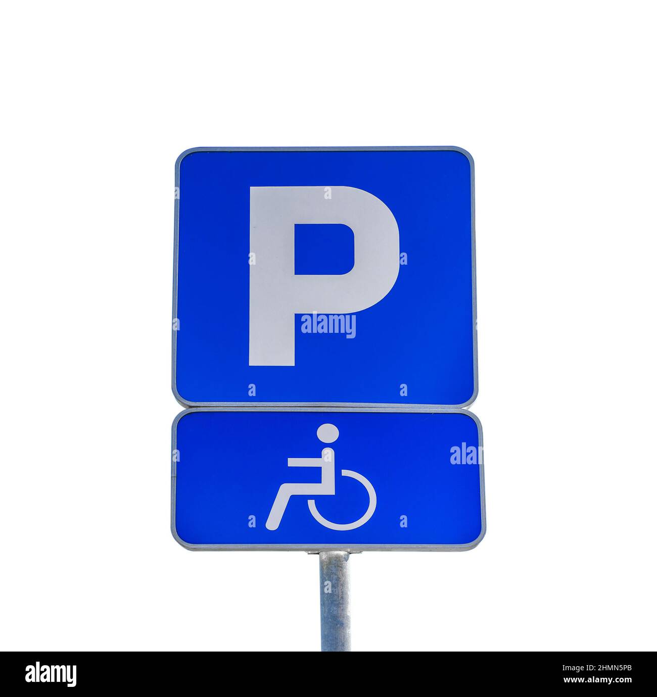 Big blue P sign for parking and parking sign for persons with disabilities isolated on white