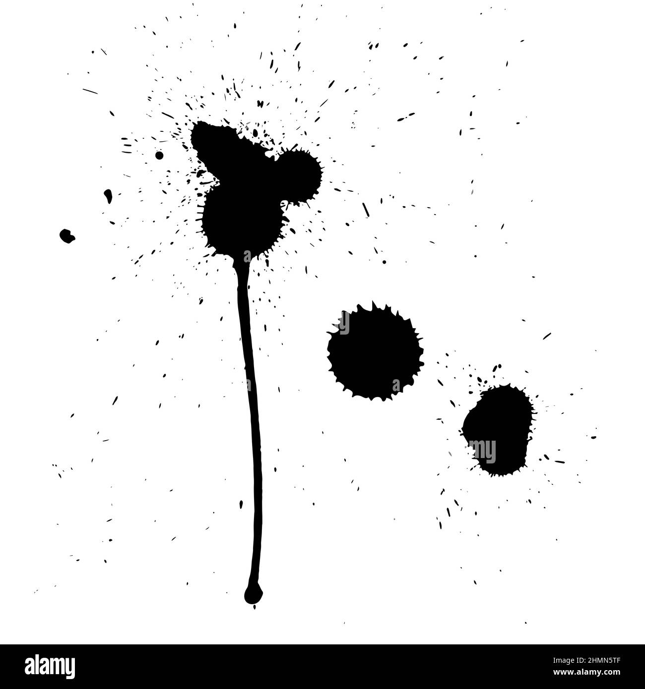 Ink spots made by falling ink from a height. Black spots on a white ...