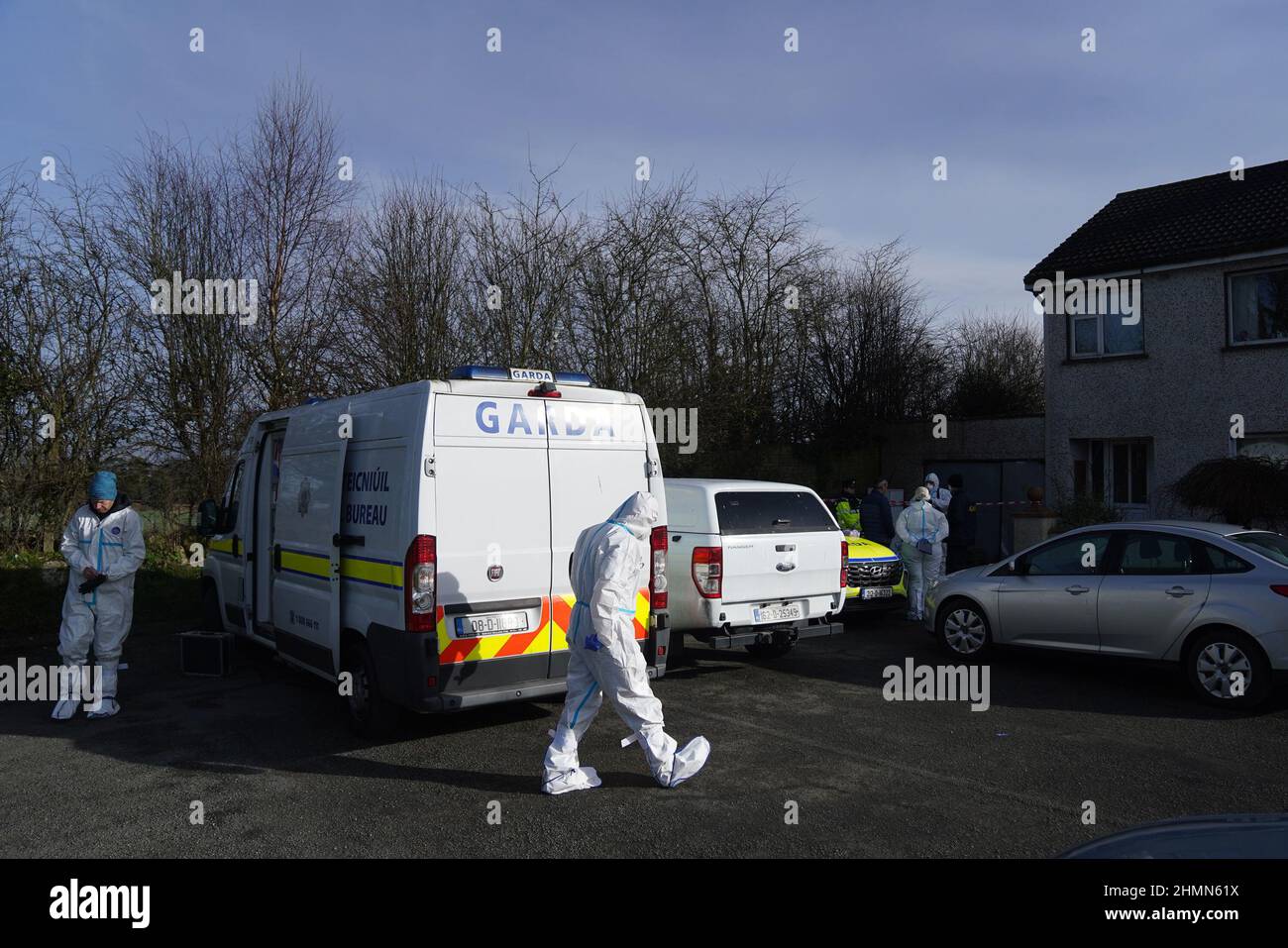 Gardai at the scene in Ballyconnell, Shillelagh, Co. Wicklow, where they are investigating circumstances surrounding the fatal assault of a male that occurred at a house on Thursday evening. Picture date: Friday February 11, 2022. Stock Photo