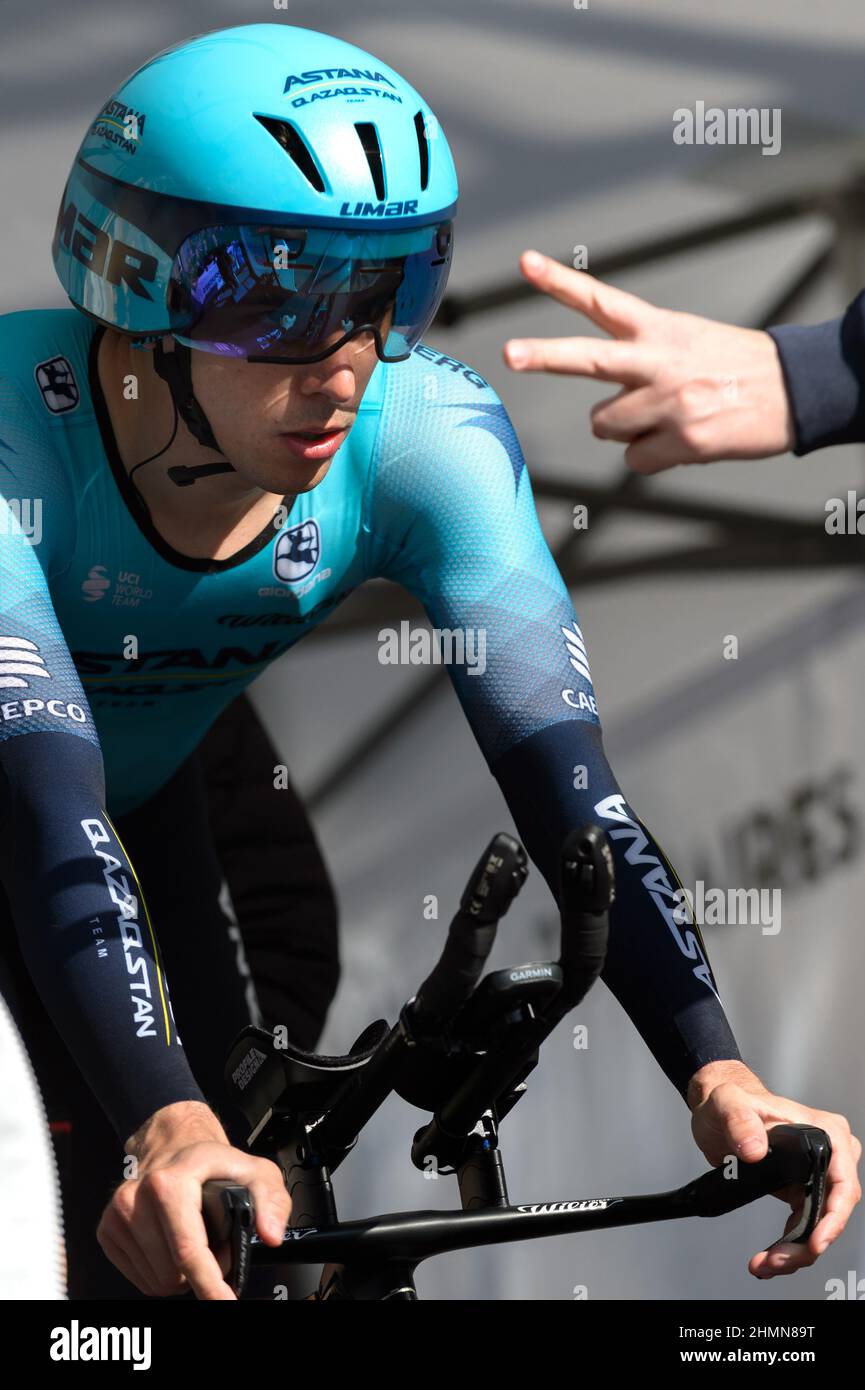 Samuele Battistella (team Astana) seen alert at the start of prologue.The  7th edition of the Tour de La Provence takes place from 10 to 13 February  2022. The race has 3 stages