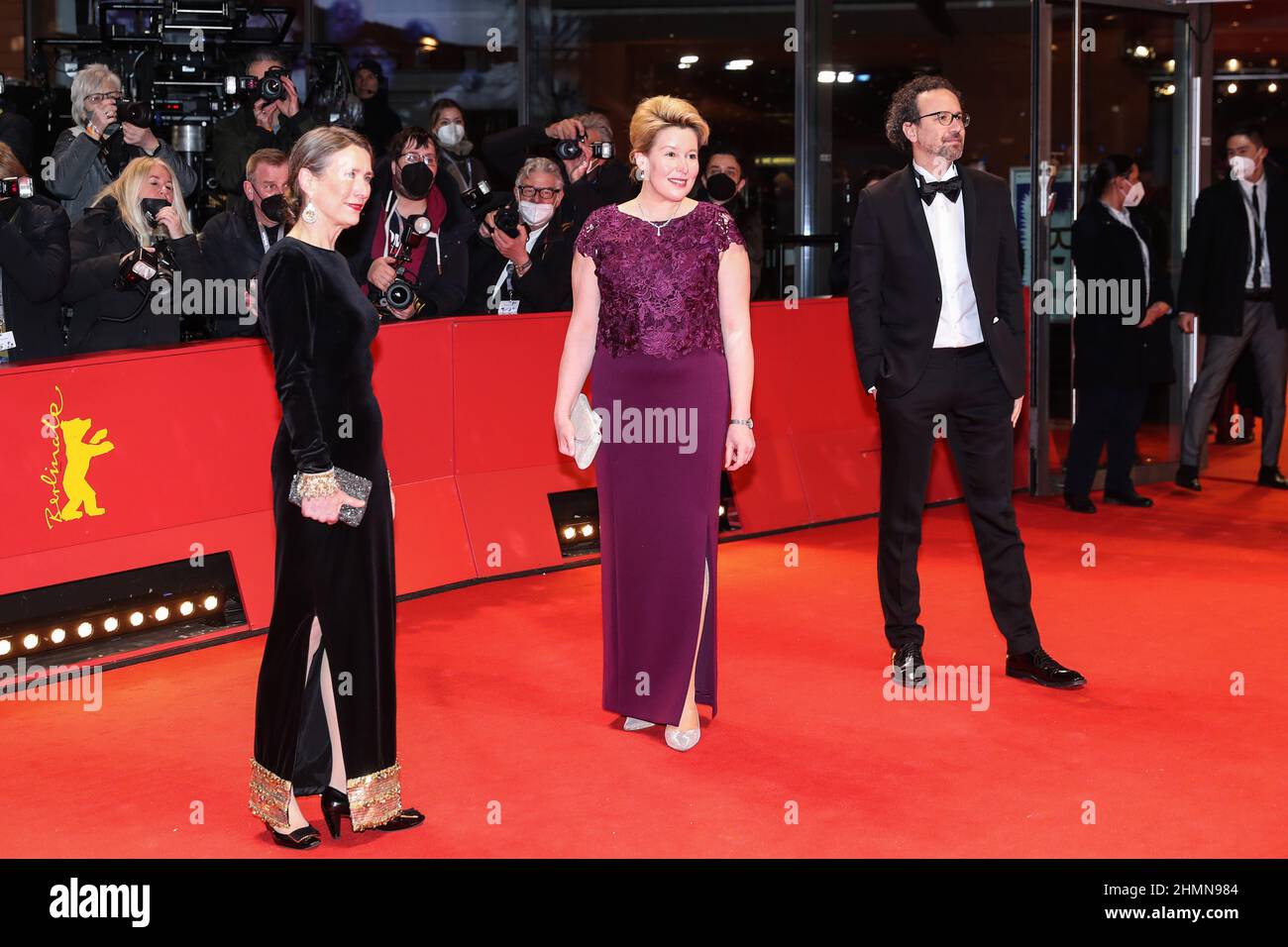 Berlin, Germany. 10th Feb, 2022. Mayor of Berlin Franziska Giffey (C), Berlinale Executive Director Mariette Rissenbeek (L) and Berlinale Artistic Director Carlo Chatrian pose for photo on the red carpet of the opening ceremony of the 72nd Berlin International Film Festival in Berlin, capital of Germany, Feb. 10, 2022. Germany's 72nd Berlin International Film Festival opens on Thursday at the Berlinale Palast with the world premiere of the lockdown film 'Peter von Kant' by French writer and director Francois Ozon. Credit: Shan Yuqi/Xinhua/Alamy Live News Stock Photo