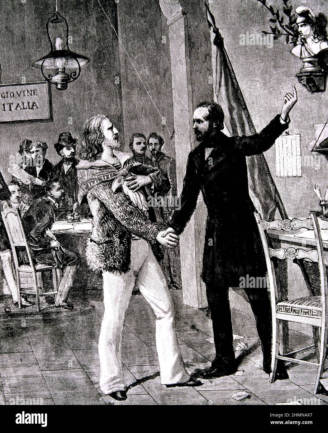 GARIBALDI, GIUSEPPE. MILITAR Y POLITICO ITALIANO. 1807-1882. PRIMER ENCUENTRO DE MAZZINI CON GARIBALDI EN MARSELLA , AÑO 1833. GRABADO. Stock Photo